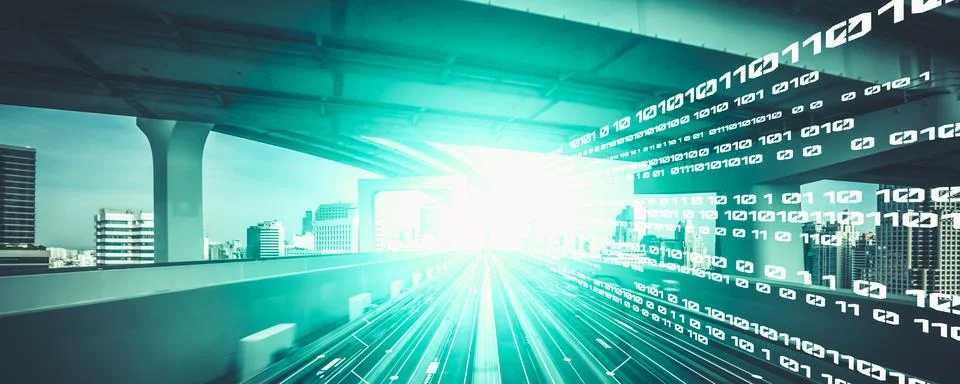 Digital data flow on road with motion blur to create vision of fast speed Stock Photos