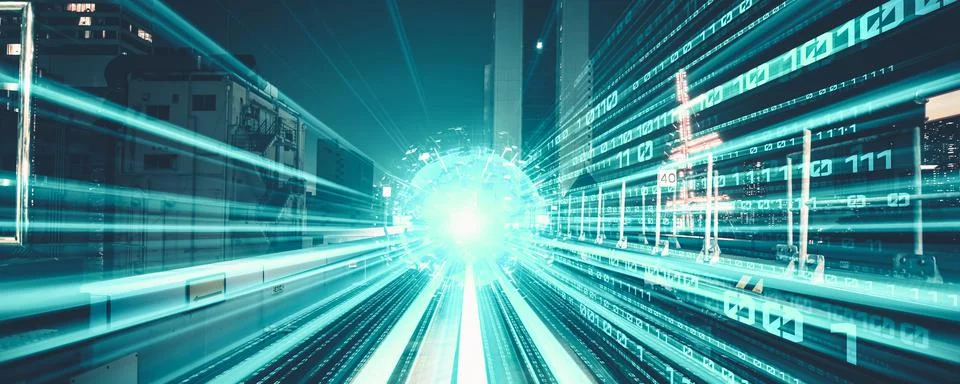 Digital data flow on road with motion blur to create vision of fast speed Stock Photos