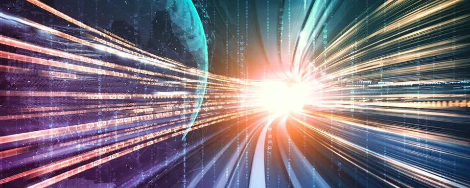 Digital data flow on road with motion blur to create vision of fast speed Foto stock