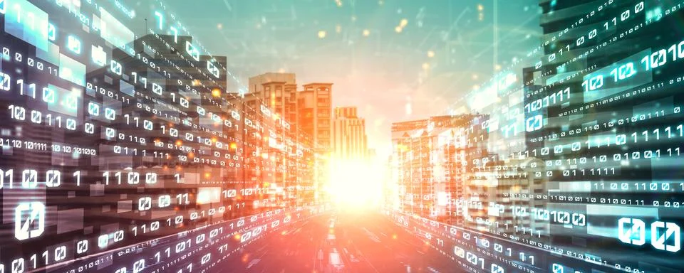 Digital data flow on road with motion blur to create vision of fast speed Stockfoto's