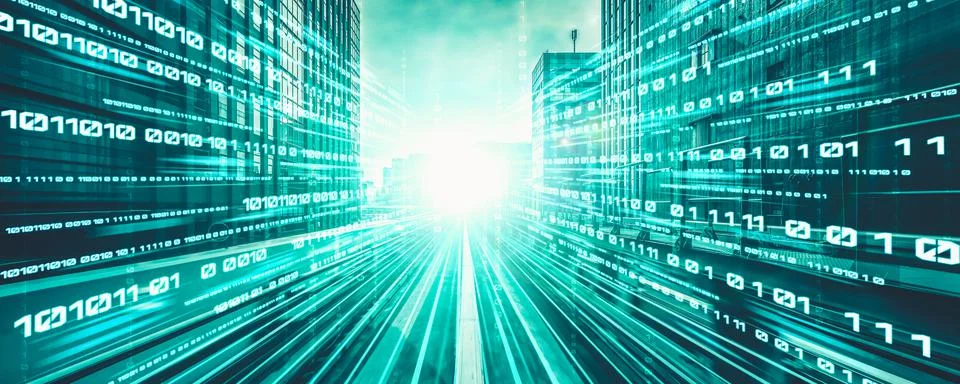 Digital data flow on road with motion blur to create vision of fast speed Foto stock