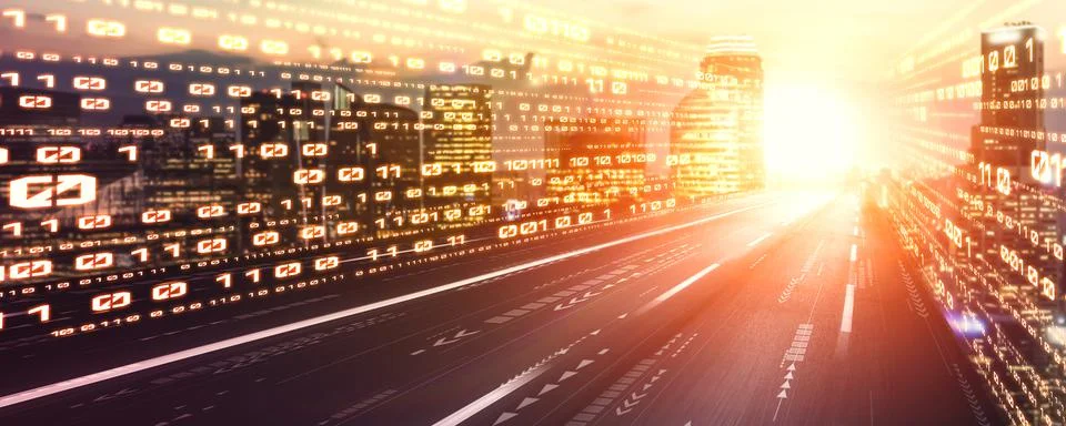 Digital data flow on road with motion blur to create vision of fast speed Stock Photos