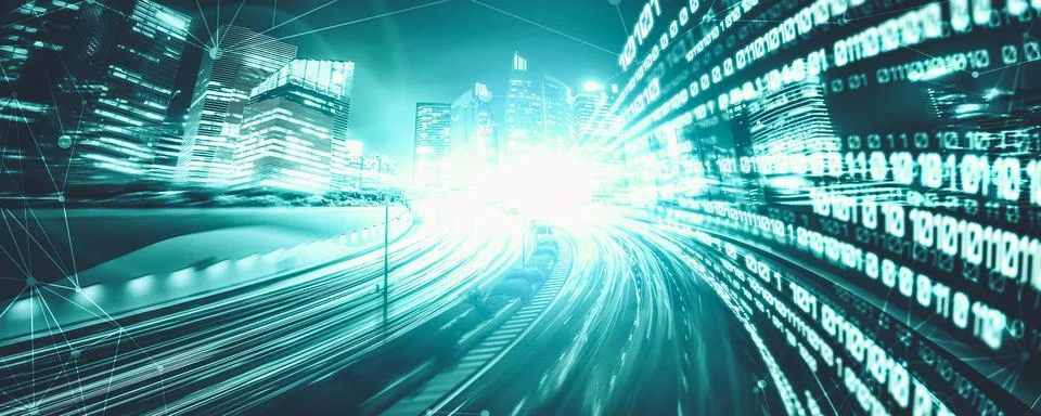 Digital data flow on road with motion blur to create vision of fast speed Foto stock