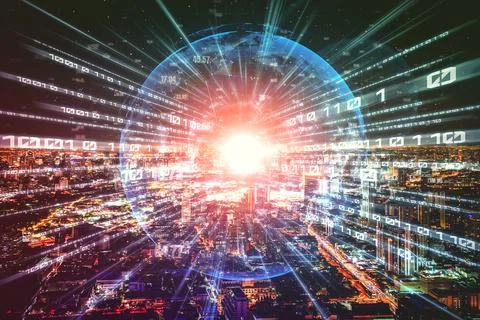 Digital data flow on road with motion blur to create vision of fast speed Foto stock