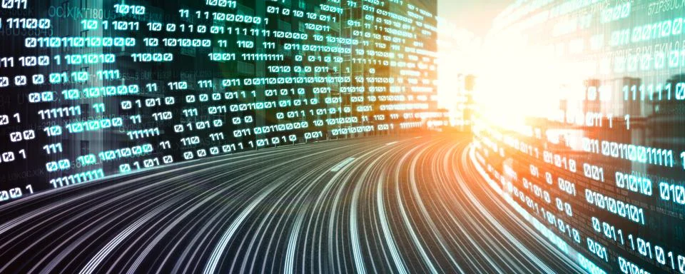 Digital data flow on road with motion blur to create vision of fast speed Stockfoto's