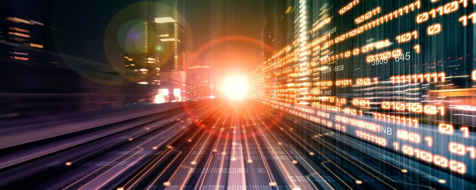 Digital data flow on road with motion blur to create vision of fast speed Stockfoto's