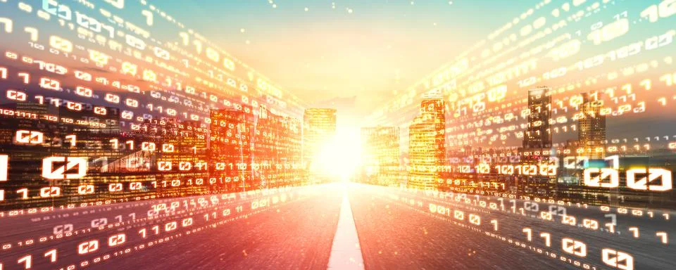 Digital data flow on road with motion blur to create vision of fast speed 스톡 사진
