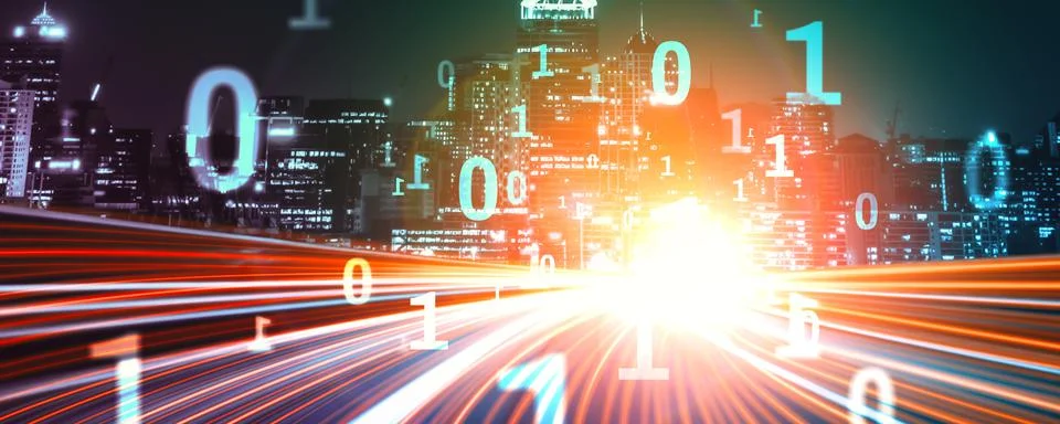 Digital data flow on road with motion blur to create vision of fast speed 스톡 사진