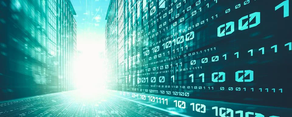 Digital data flow on road with motion blur to create vision of fast speed Foto stock