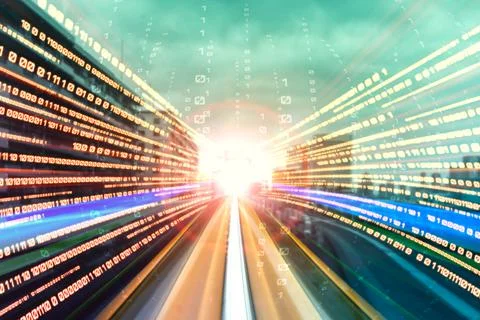 Digital data flow on road with motion blur to create vision of fast speed Stockfoto's