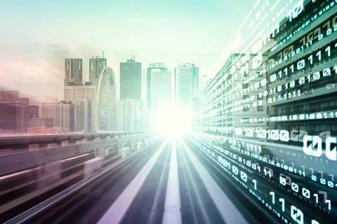 Digital data flow on road with motion blur to create vision of fast speed Stock Photos