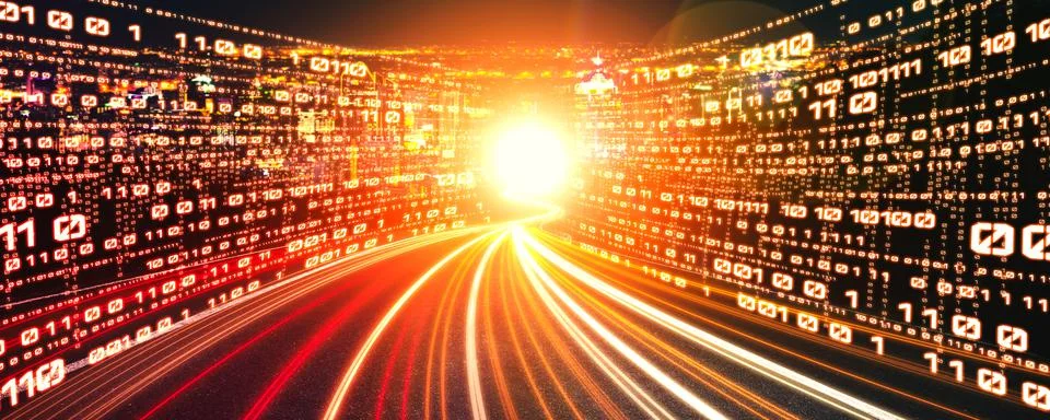 Digital data flow on road with motion blur to create vision of fast speed Foto stock