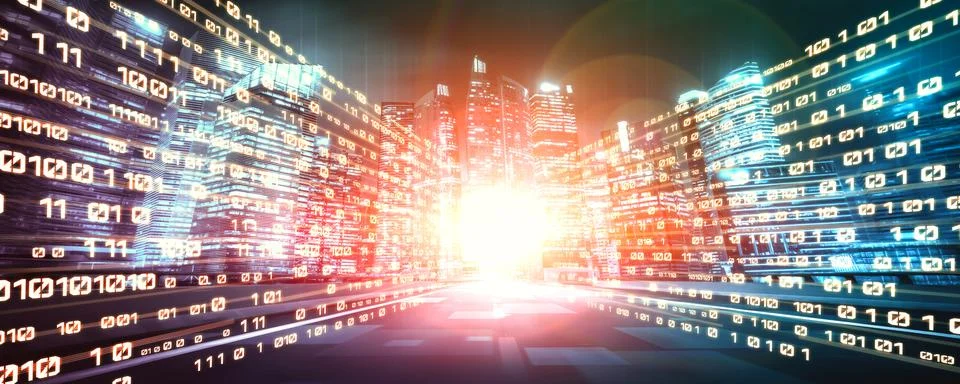 Digital data flow on road with motion blur to create vision of fast speed Foto stock