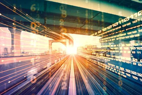 Digital data flow on road with motion blur to create vision of fast speed Stock Photos