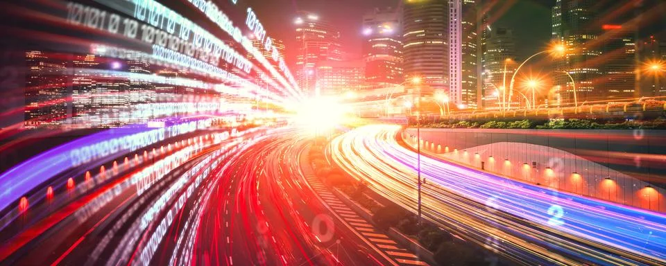 Digital data flow on road with motion blur to create vision of fast speed Stockfoto's