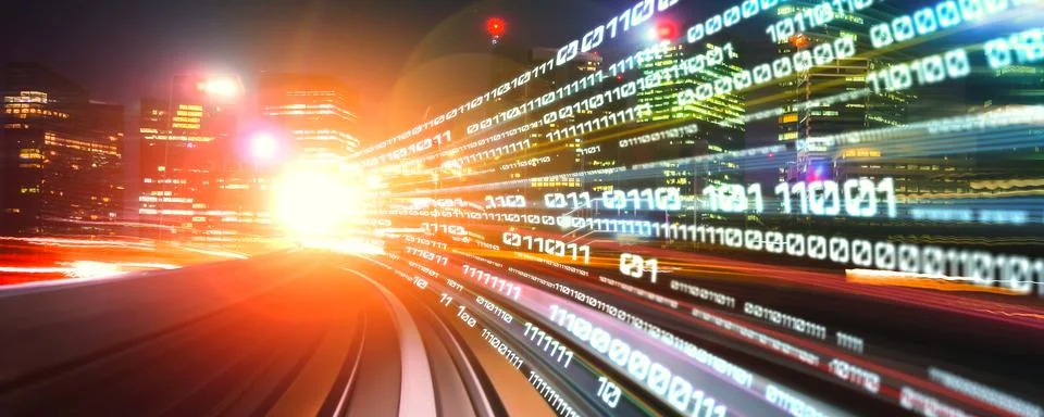 Digital data flow on road with motion blur to create vision of fast speed 스톡 사진