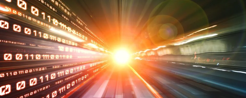 Digital data flow on road with motion blur to create vision of fast speed Stockfoto's