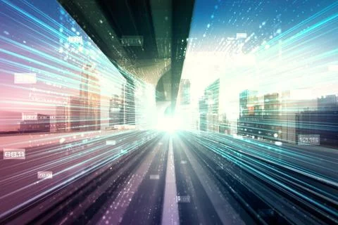 Digital data flow on road with motion blur to create vision of fast speed Stock Photos