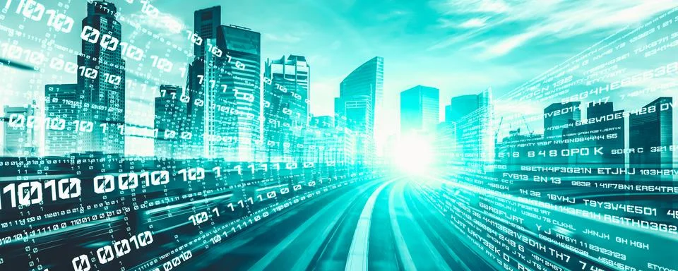 Digital data flow on road with motion blur to create vision of fast speed Foto stock