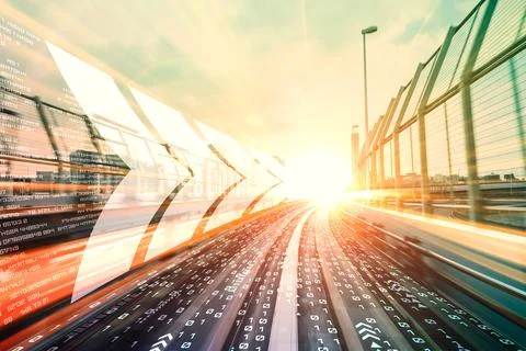 Digital data flow on road with motion blur to create vision of fast speed Stockfoto's