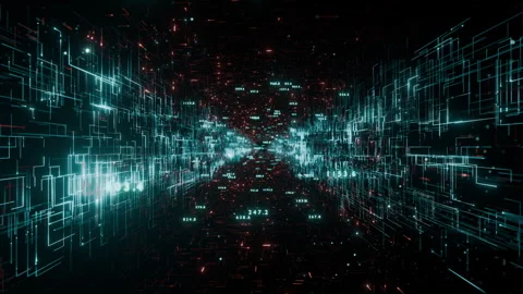 Digital data flow tunnel with glowing lines and numbers shifting in dark space Stock Footage 323328438
