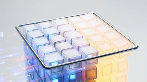 Digital Data Flow turns Neon Blue Cubes into Orange. The concept of Blockchain Stock Footage 259492332