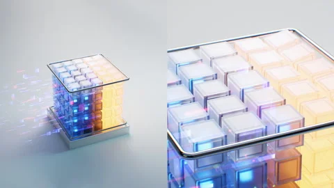 Digital Data Flow turns Neon Blue Cubes into Orange. The concept of Blockchain Stock Footage 261842764