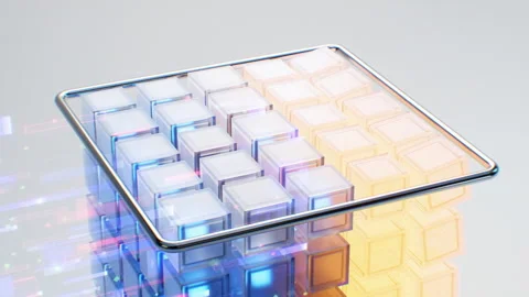 Digital Data Flow turns Neon Blue Cubes into Orange. The concept of Blockchain Stock Footage 267581791