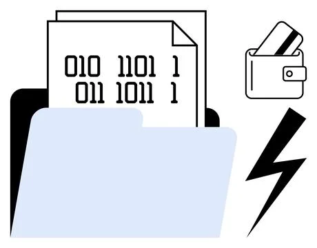 Digital Data in Folder with Wallet and Credit Cards and Lightning Bolt Stock Illustration