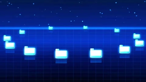 Digital data folders floating across a dark blue grid background with subtl.. 스톡 동영상 346803446