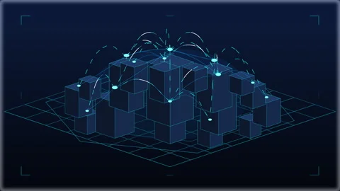 Digital data grid network animation with glowing cyber cube city scape Stock Footage 346544488