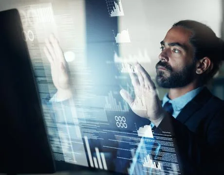 Digital, data hologram and tech code of a fintech business man working on Stock Photos