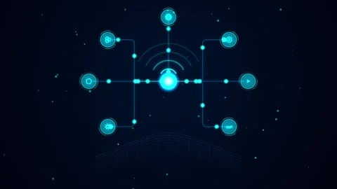 Digital data hub with connection nodes and orbiting icons in blue light net.. Stock Footage 345334184