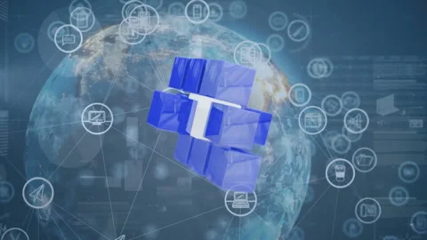 Digital data icons and blue 3D cubes animation over Earth background Stock Footage 303462280