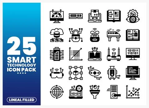 Digital data icons arranged in a grid with bold text. Flat. lineal filled i.. Stock Illustration