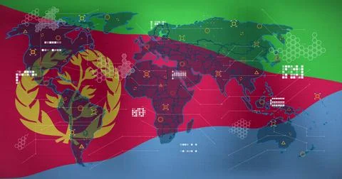 Digital data icons over world map, colorful image background in school Stock Illustration