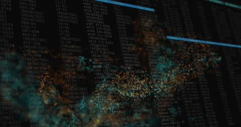 Digital data interface animating redacted code columns with teal-amber particles Stock Footage 309342776