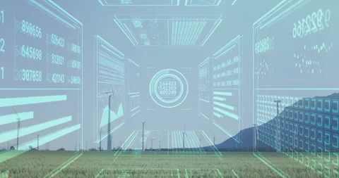 Digital data interface animation over wind turbines in open field landscape Video stock 303415175