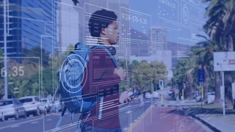 Digital data interface animation over person walking in urban environment Stock Footage 304410587