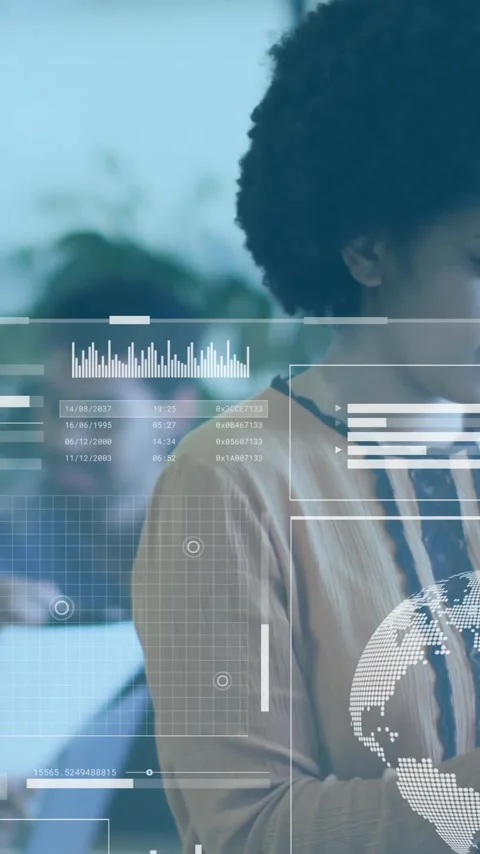 Digital data interface animation over woman using tablet in office Stock Footage 344693924