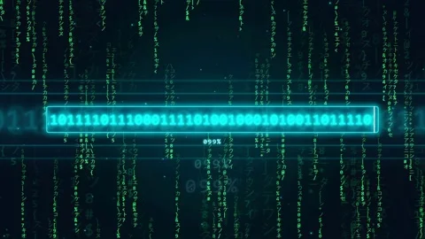 Digital data loading bar with falling binary code on dark blue technological Stock Footage 341834042