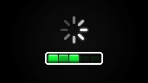 Digital data loading progress bar with a spinning wheel icon on a black scree Stock Footage 332948928