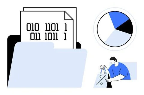 Digital Data Management and Analysis with Pie Chart and Folder for Storage Stock Illustration