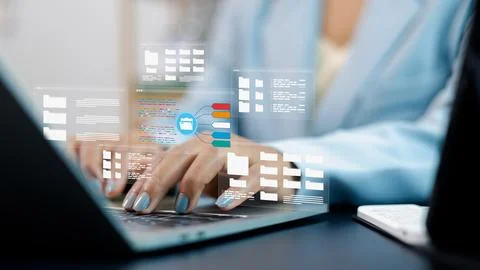 Digital Data Management and Cloud File Organization on Laptop Stock Photos
