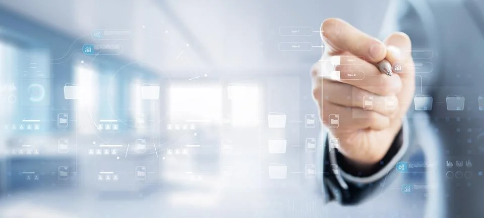 Digital Data Management and Workflow Visualization. Foto stock