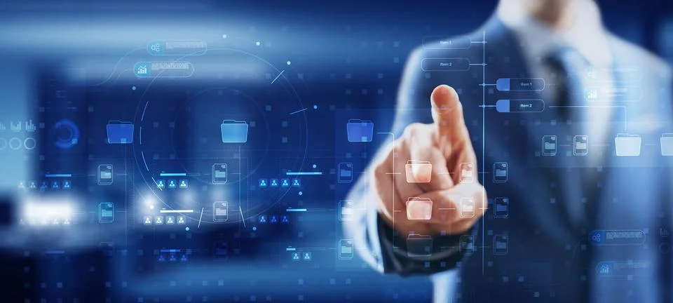 Digital Data Management and Workflow Visualization. Fotos de archivo