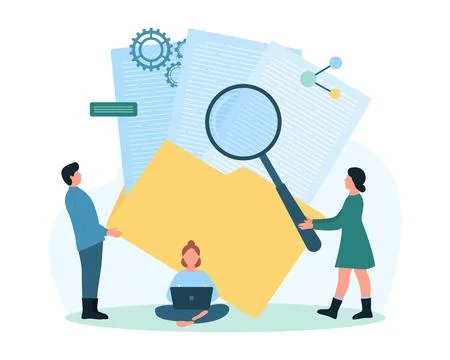 Digital data management, tiny people magnify stack of documents with magnifying Stock Illustration