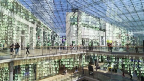 Digital Data Matrix Overlay on Busy Shopping Mall Interior. Stock Footage 335936176