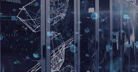 Digital data network with abstract connections and symbols in server room Stock Photos