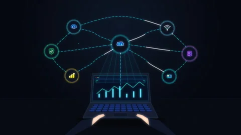 Digital data network and analytics animation on laptop screen 스톡 동영상 346541053